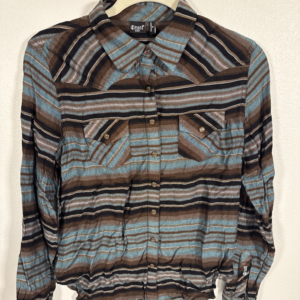 Women Small Cruel Girl‎ Pearl Snap Shirt Brown Teal Stripe L/S N1